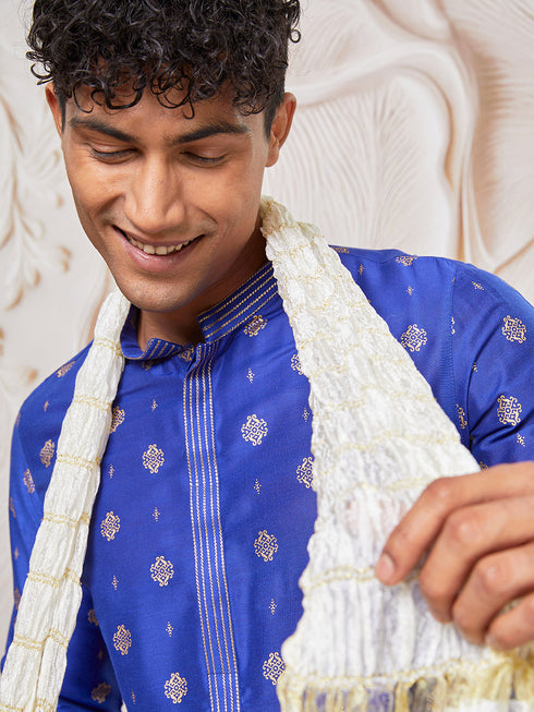 Men's Royal Blue Silk Blend Kurta,Pant And Dupatta Set